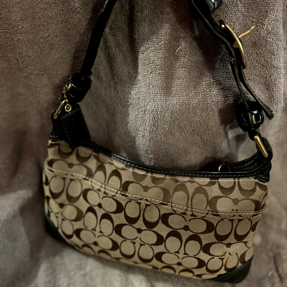 Coach Tan and Black Signature Shoulder Bag